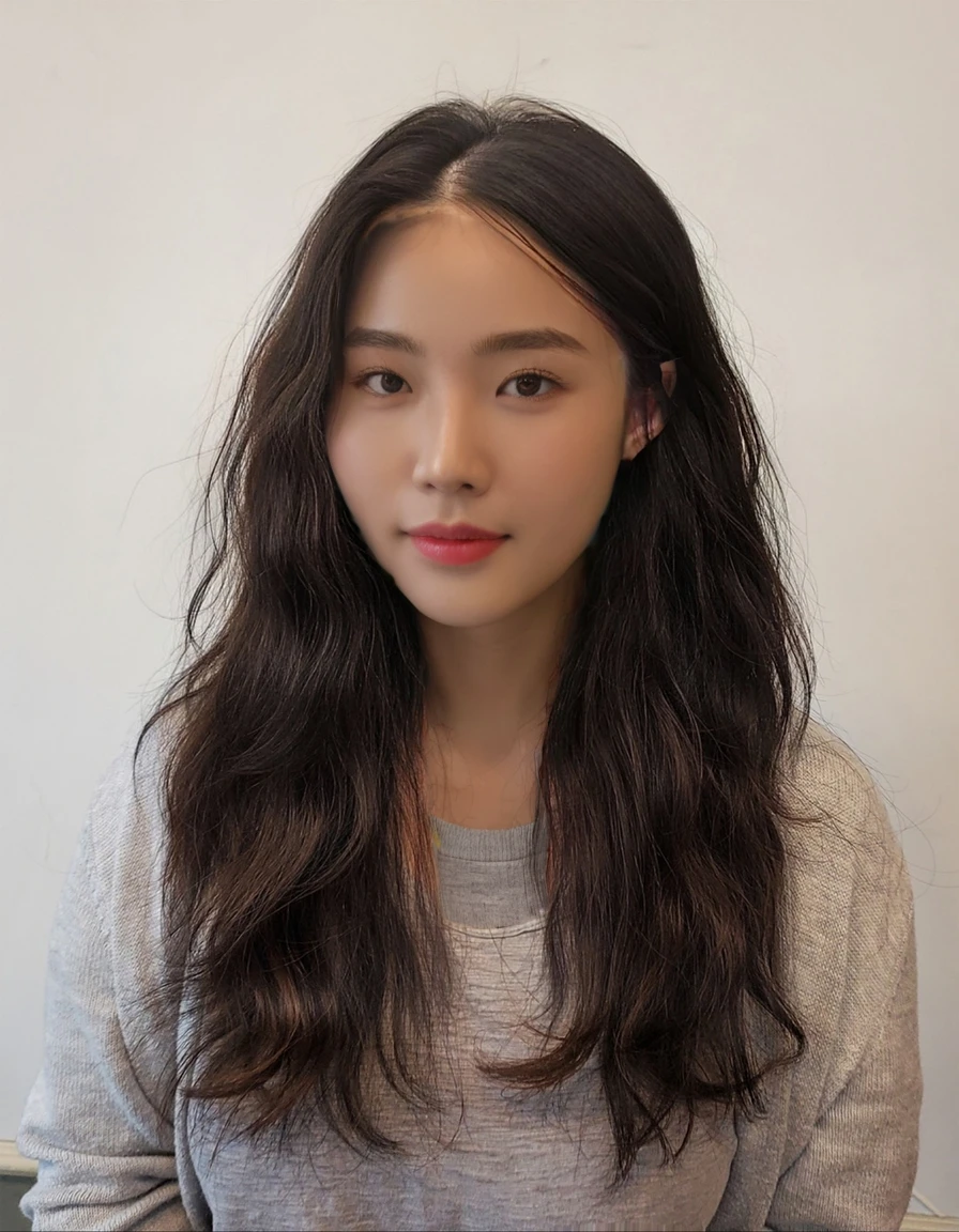 Best Quality, 8k, Masterpiece, (Portrait: 1.3), (photo realistic:1.4), (hyper realistic:1.4), Sharp Focus, looking at viewer, (smoother lighting:1.1), (increase cinematic lighting quality:0.9), realistic lighting, backlighting, light on face, ray trace, (brightening light:1.2), (Increase quality:1.4), sharp detail, (best quality real texture skin:1.4), finely detailed eyes, black_eyes, finely detailed face, 25 year old Korean woman, (white t_shirt:1.4), (Create an image maintaining the original base model hairstyle:1.5)
