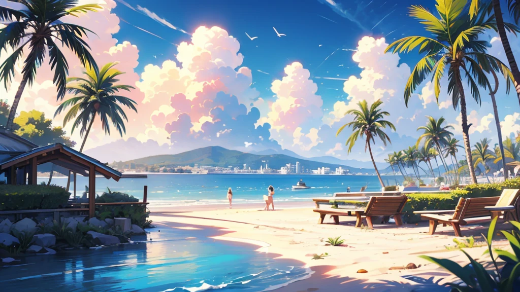 anime girl laying on the beach with palm trees and a bench, miss fortune league of legends, miss fortune, rhads and lois van baarle, lois van baarle and rossdraws, artgerm and lois van baarle, beautiful digital artwork, beaching, extremely detailed artgerm, deviantart artstation cgscosiety, anime background art, amazing wallpaper, background art, hd wallpaper, relaxing concept art, beautiful wallpaper, high quality desktop wallpaper, background artwork, pc wallpaper, anime background, wallpaper hd, 8K image quality, Masterpiece