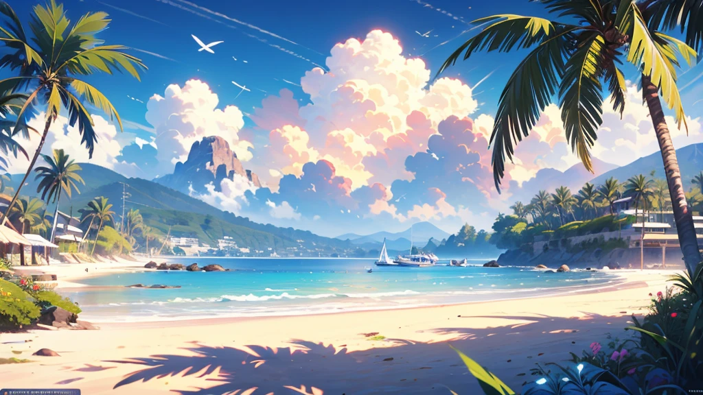 anime girl laying on the beach with palm trees and a bench, miss fortune league of legends, miss fortune, rhads and lois van baarle, lois van baarle and rossdraws, artgerm and lois van baarle, beautiful digital artwork, beaching, extremely detailed artgerm, deviantart artstation cgscosiety, anime background art, amazing wallpaper, background art, hd wallpaper, relaxing concept art, beautiful wallpaper, high quality desktop wallpaper, background artwork, pc wallpaper, anime background, wallpaper hd, 8K image quality, Masterpiece