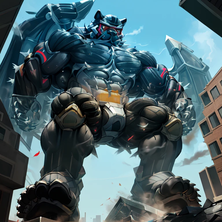 (masterpiece. official art. 8k. best quality. detailed full body. full body.)

(situation 1 : dominating demon lord dragon batzz. focus GIANT mechanical Muscular demon lord dragon batzz is trampling the CITY. Looking down. macro. stomp. Low-angle perspective. emphasizing the immense size. The perspective is from below, emphasizing the sheer majesty and power of the Giant. giant art. He is much bigger than a skyscraper. Giga Giants. micro CITY. looking down.)

(situation 2 :smoke and flames rising from the destruction in the city)

(Additional details 1: wearing a full-face helmet. high-tech bio-mecha armor. real texture material. whole body shines like metal. Wearing cyberpunk mecha. emphasizes the muscles. suit fully made of metal. intricate armor. Robotic suit. suit fully made of metal. cyborg. Powered exoskeleton with the same design as demon lord dragon batzz).

(Additional details 2: (Detailed head. Detailed Body. Detailed abs. gigantic muscles. HYPER MUSCLES. Gigachad Muscular. big muscle. pecs. triceps. traps. unusually developed muscular body. body full of huge muscles. showing off muscles. pectorales enormes. Exaggeratedly huge muscles. huge muscles. long legs.).

(Additional details 3: nj5furry, Spread wings. It has wings. White have big wings. The claws are sharp. Sharp teeth.5 toes.).

(Additional details 4: black color hyper penis. hyper black penis. big penis)

(Additional details 5 Spraying hyper cum up everywhere into the sky from his erect penis. wide spray of cum, covered in cum, cum splashing in front of camera, crowd of naked muscular male spectators, bukkake, City is under a thick later of cum.)