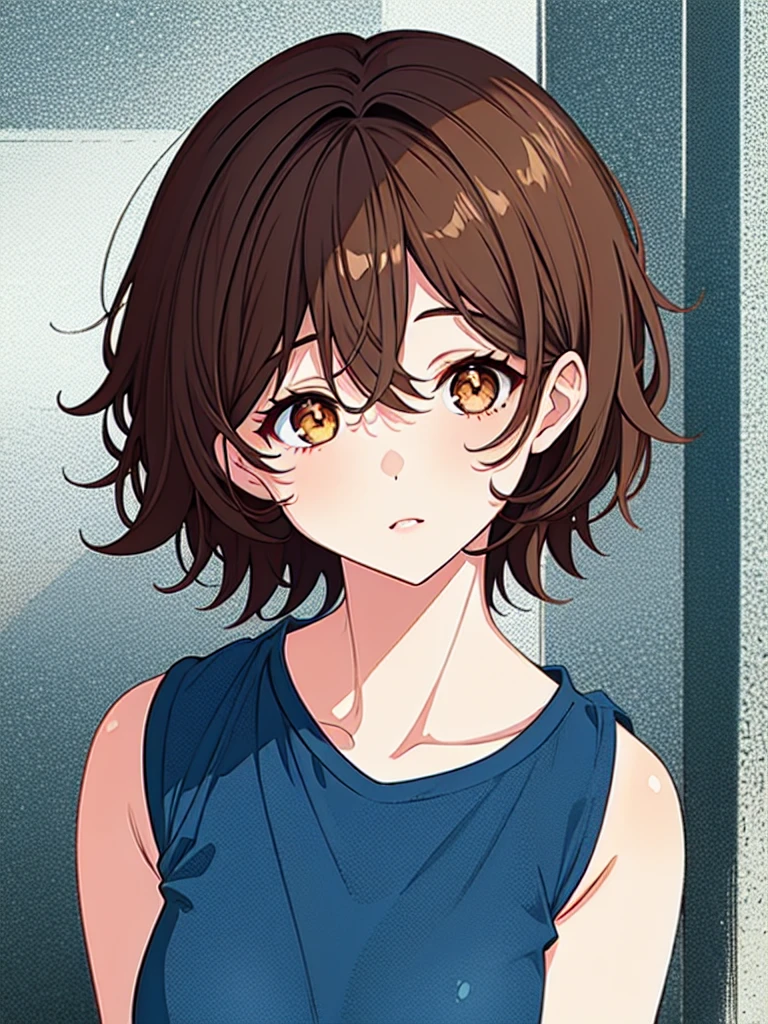 1girl‚ brown eyes‚ beautiful eyelashes‚ (short brown hair), (short brown hair e cacheados), (Messy hair)  outfit, lineart, anime styling, best qualityer, best details