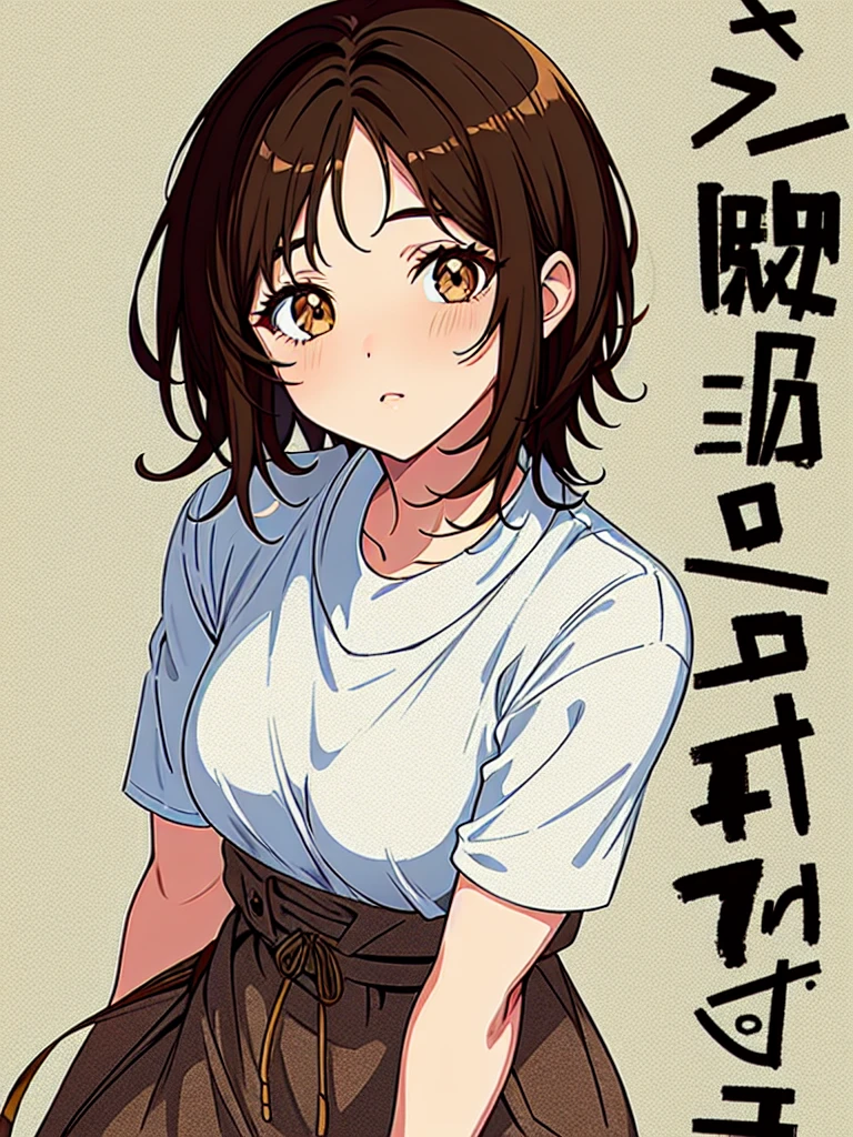 1girl‚ brown eyes‚ beautiful eyelashes‚ (short brown hair), (short brown hair e cacheados), (Messy hair)  outfit, lineart, anime styling, best qualityer, best details