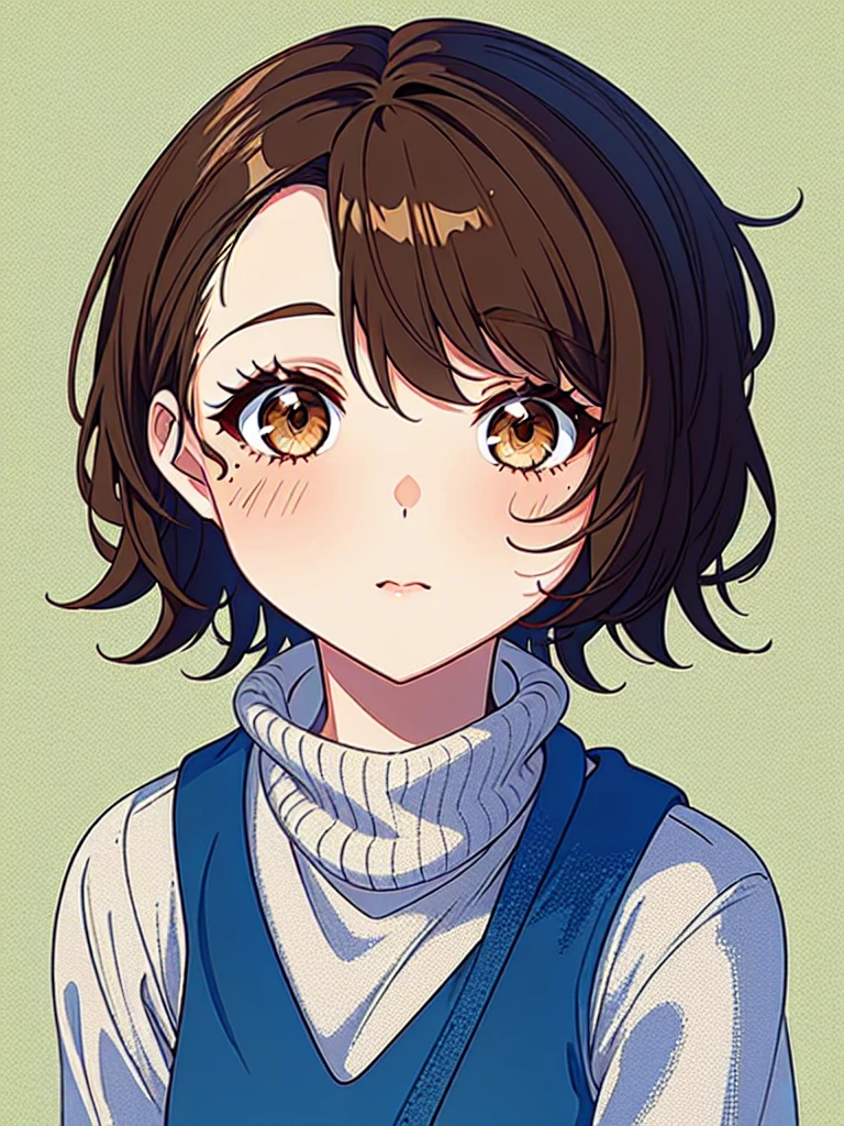 1girl‚ brown eyes‚ beautiful eyelashes‚ (short brown hair), (short brown hair e cacheados), (Messy hair)  outfit, lineart, anime styling, best qualityer, best details