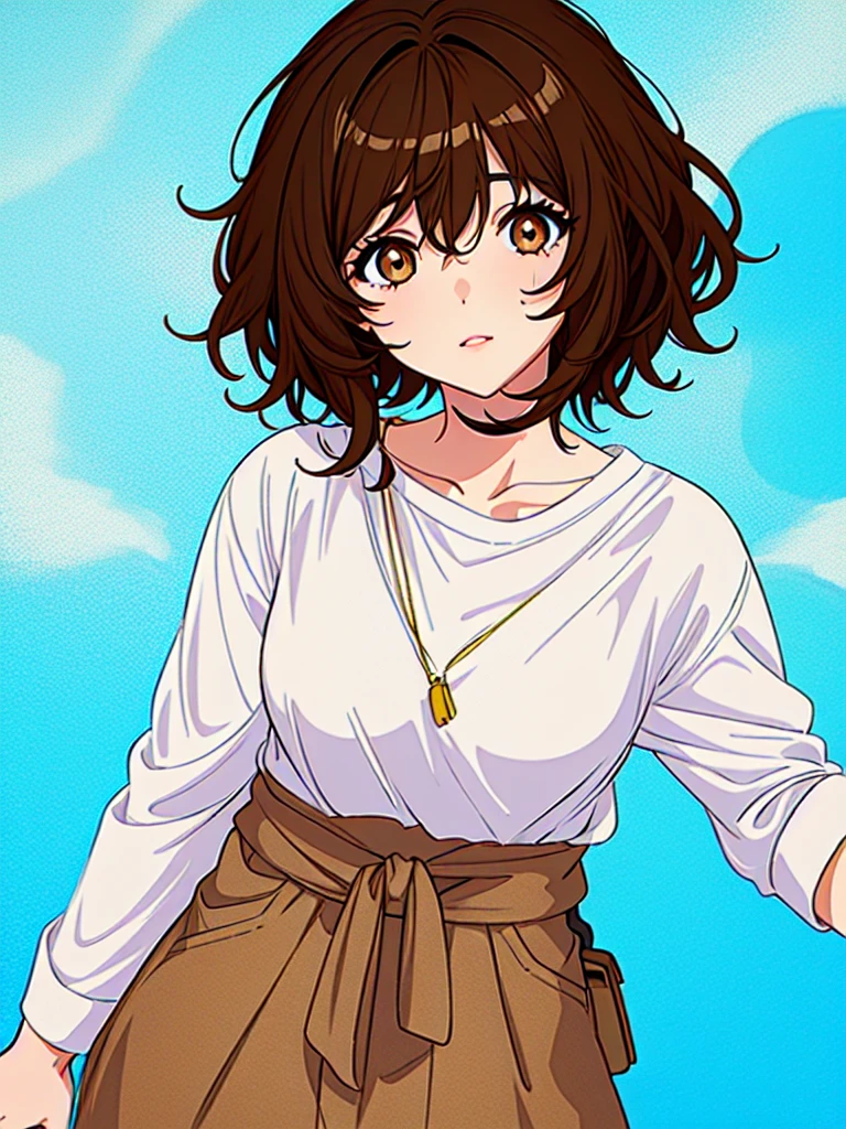 1girl‚ brown eyes‚ beautiful eyelashes‚ (short brown hair), (short brown hair e cacheados), (Messy hair)  outfit, lineart, anime styling, best qualityer, best details