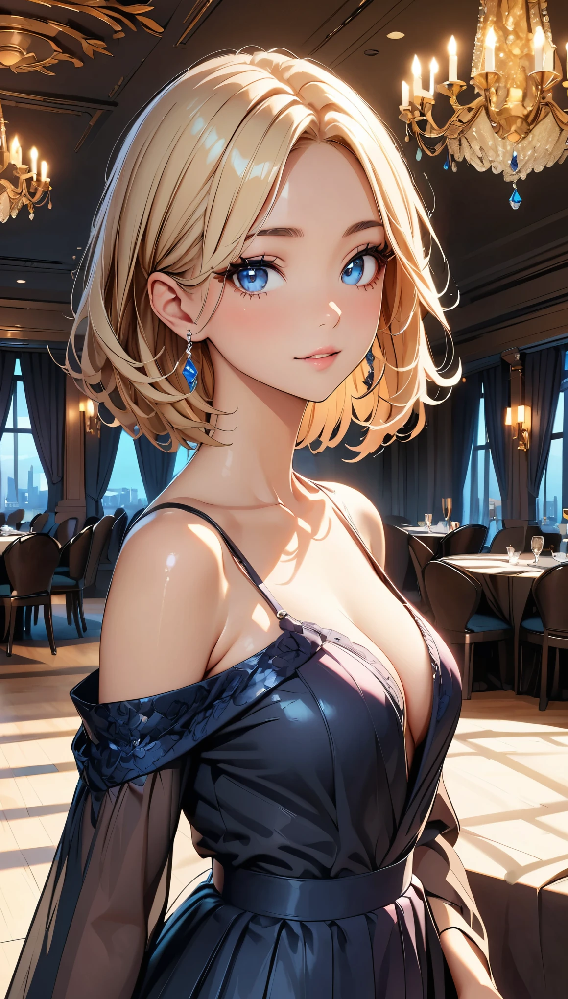 (Highest quality:1.2, High Detail, masterpiece:1.2, Best aesthetics), (1 girl), Beautiful woman, long formal evening dresses, Beautiful detailed eyes, Beautiful detailed lips, Highly detailed face, Detailed Fashion, elegant, luxury, High quality fabric, Shine, Shine, Party Room, chandelier, luxuryな内装の部屋, Dramatic lighting, Cinematic, Bright colors, Intricate details, Chiaroscuro lighting.