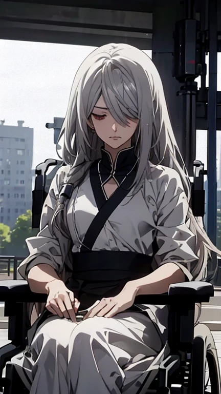 (Confused, High resolution, Very detailed), 1 female, Silver Hair,Long Hair,,White patient gown,,Appearance of injury,24th generation,beauty,mature,thin,quiet,Calm,Sitting in a medical wheelchair,右腕にbandageをしている,hospital,Injured,bandage,tired,fatigue,Blame me people,Weakened,Infusion,Sleeping leaning against the backrest of a wheelchair,lethargy,Sitting,On the roof,