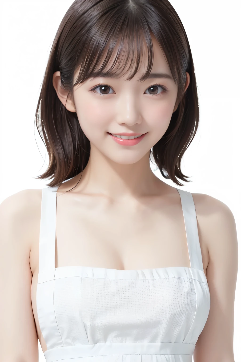 (Highest quality、Tabletop、8K、Best image quality、Award-winning works)、Perfect cute girl、Perfect pretty face、(Naked and apron:1.3)、(Perfect apron:1.3)、Perfect beauty portrait、Glowing Skin、Brown Hair、(Large Breasts:1.3)、Cleavage、Slender body:、(Accentuate your body lines:1.1)、Standing Elegantly、Front facing body、Stand upright、(Face close-up:1.7)、Woman looking up at me、Beautiful smile、(The simplest solid white background:1.5)