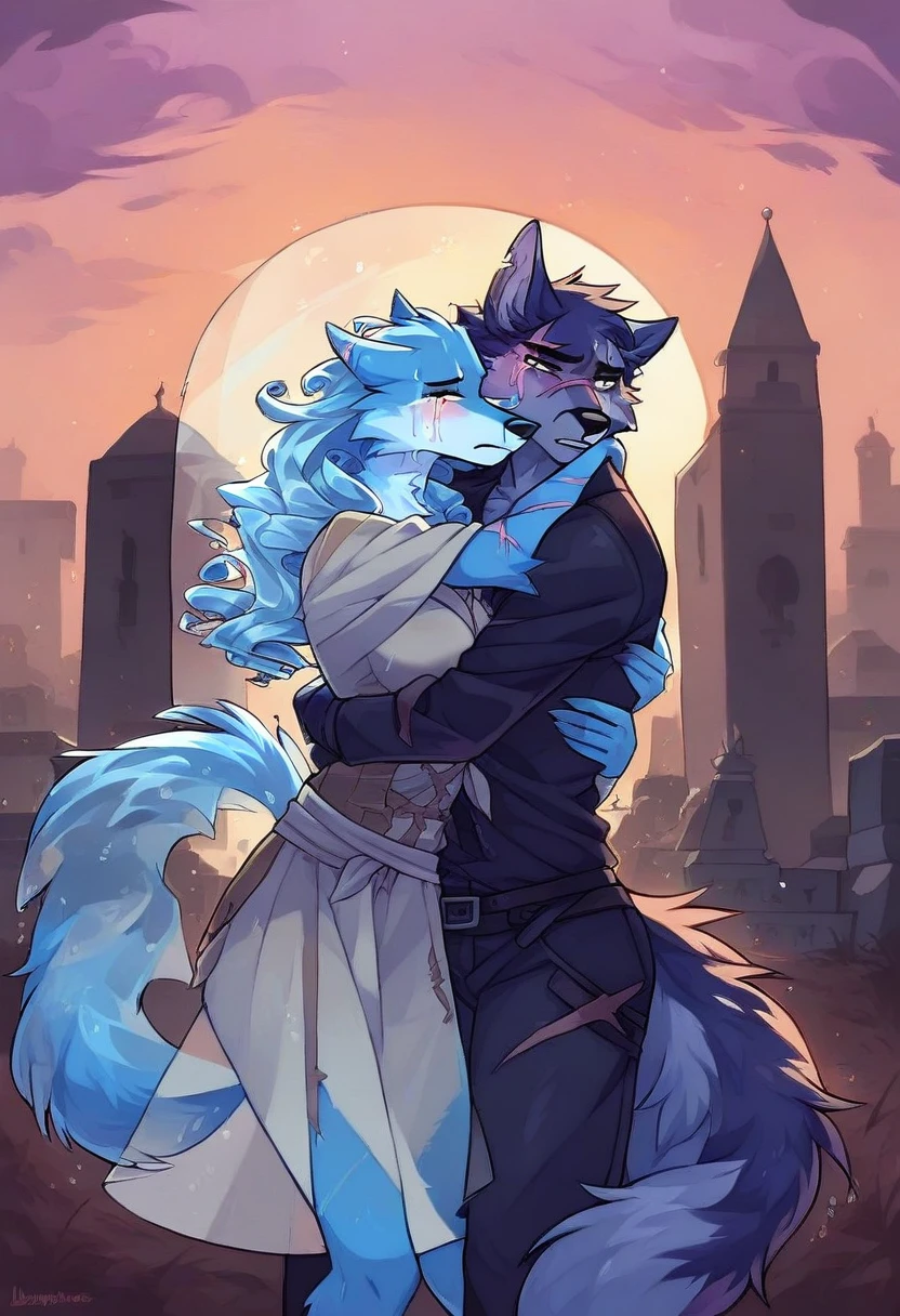 score_9, score_8_up, score_7_up, ((fox, anthro, female, dark brown fur, chocolate fur, long hair, curly hair, kneeing, dressed, serene, sad, crying, hugging, heartbreak)), graveyard, tombstones, city, sunset, wind, dynamic lighting, beautiful, embracing, ((wolf, anthro, male, transparent light blue fur, transparent, scars, dressed:1.35)), love, loss