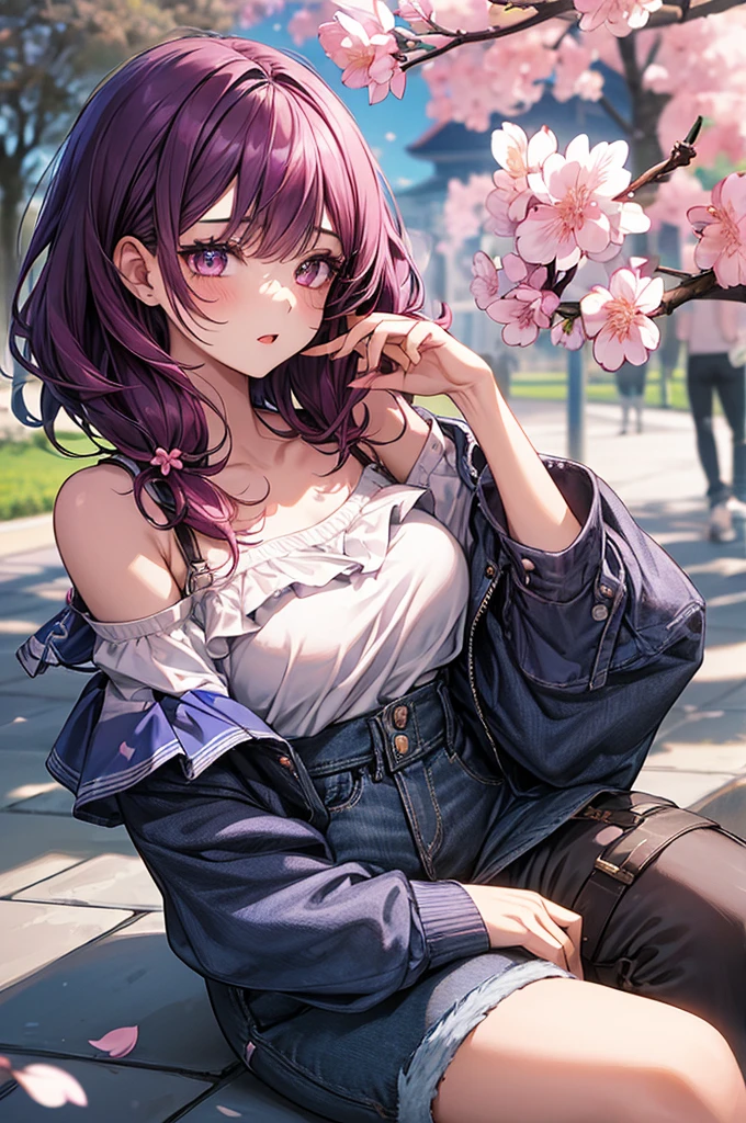 1girl, holding up a sapphire flower over her mouth, black pink hair ombre, park with cherry blossom background, harajuku style fashion,  off shoulder, short jeans pants, halfbody