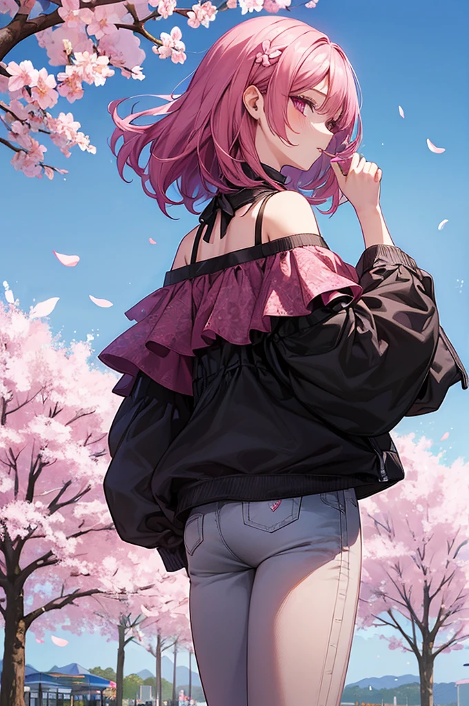 1girl, holding up a sapphire flower over her mouth, black pink hair ombre, park with cherry blossom background, harajuku style fashion, off shoulder, short jeans pants, halfbody