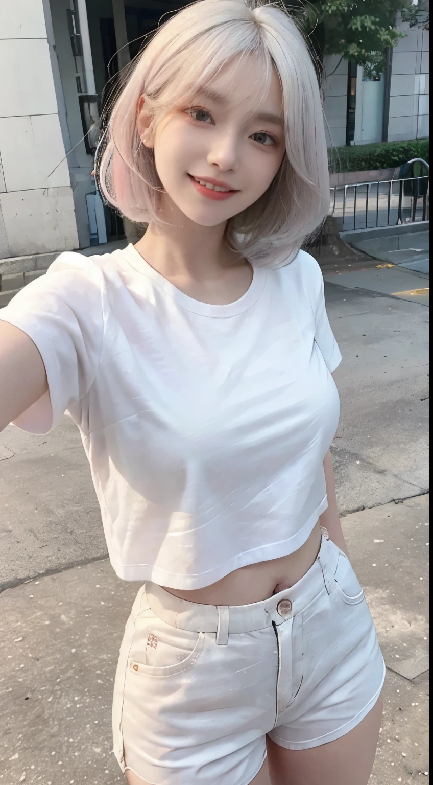 Best image quality、RAW Photos、Ultra-high resolution、21 years old Korean、Small breasts、Dynamic Angle、Cowboy Shot、The most beautiful chaos、elegant、Brutalist Design、Vibrant colors、Beautiful white hair、Short Bob、smile、fun、smile、Glowing White Skin、Beautiful eyes with random colors、Very thin lips、Beautiful eyes in every detail、 Narrow eyes、Cheeks are pale pink、Eyelash length、Beautiful double eyelids、eye shadow、Bright white hair、Oversized T-shirt、Short sleeves、Harem pants、Large parks、Photographed from diagonally above、Selfie、The wind is blowing、Hair fluttering、Hands