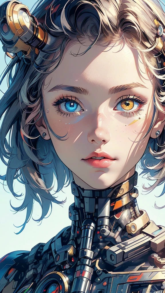 (((masterpiece, highest quality))),(((solo:1.2))),(((1girl:1.2))),32k wallpaper, very detailed,(((((portfolio))))),(((((Close-up))))),(((((bust up))))),((((more various angle)))),(((highlight))),((((heterochromia)))),(((complete. detailed face))),((((Extremely talented)))),(((((most complicated machine))))),(((genius mechanic))),((Overall colorfully)),(((cyborg))),