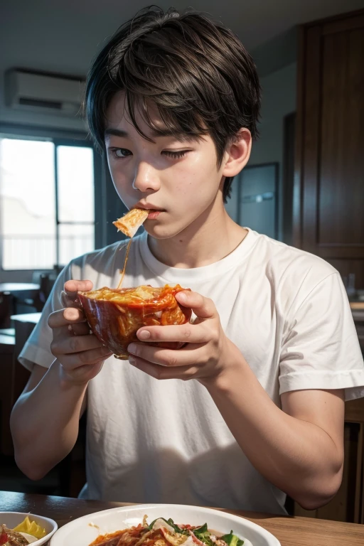 A boy eating kimchi