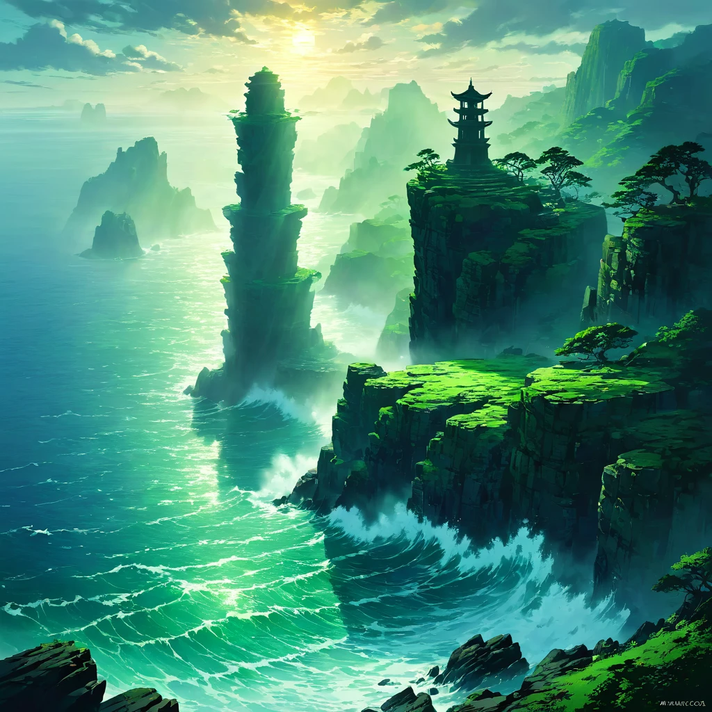 fog, Ocean, island, silhouette, green, cliff, rock, Wave, 荒Wave, mysterious, Legend, ancient ruins, temple, Stone Pillar, unmanned, Silence, secret, history, Romance, expedition, adventure ,beautiful Anime Scenery, Landscape painting, Beautiful digital painting, Andreas Rocha, Beautiful artwork illustration, Awesome Wallpapers, Raymond Han, Tall beautiful paintings, スタジオグリブリー 新Ocean誠, Beautiful Wallpapers, Anime Scenery