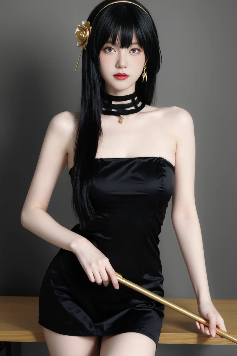 best quality, tmasterpiece,Ultra-high resolution,Clear face,(Reality:1.4),ferpect lighting,(upper body shot), (photorealistic:1.50), anime wallpaper, Guviz style artwork, cover-up fantasy up to magic , by Yang J, Guviz, beautiful artwork illustration, beautiful digital artwork, beautiful digital illustration, Li Song, beautiful anime portrait, art style in Beauvot, Yor briar,
1girl, backlighting, bare shoulders, black background, black dress, black gloves, black hair, blood, blood on face, blood on weapon, breasts, closed mouth, cowboy shot, dress, earrings, expressionless, fingerless gloves, floating hair, floral print, flower, gloves, gold earrings, gold hairband, hair flower, hair ornament, hairband, holding, holding weapon, jewelry, large breasts, light particles, long hair, looking at viewer, off-shoulder dress, off shoulder, petals, red eyes, rose, rose petals, rose print, short hair with long locks, sidelocks, 独奏, spikes, thighs, two-sided dress, two-sided fabric, weapon, (garden background),(computers), indoor,