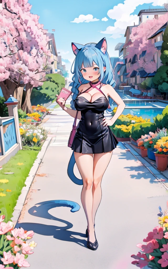 margie simpson, solo, animal ears, animal hands, tail, cat ears, blue hair, big hair, long hair, cat tail, breasts, claws, open mouth, hand on hip, fangs, full body, large breasts, fur, standing, signature, navel, cat girl, green eyes, mature woman, (shonen anime style, masterpiece, Best Quality, Extremely Detailed, Ultra Quality, 4k) nude, naked, large breasts, awe BREAK pink hair) sharp focus, full body portrait, full body photo, flat lighting, super beautiful sexy woman , very beautiful Greek woman, perfect body:1,1, 24 years old