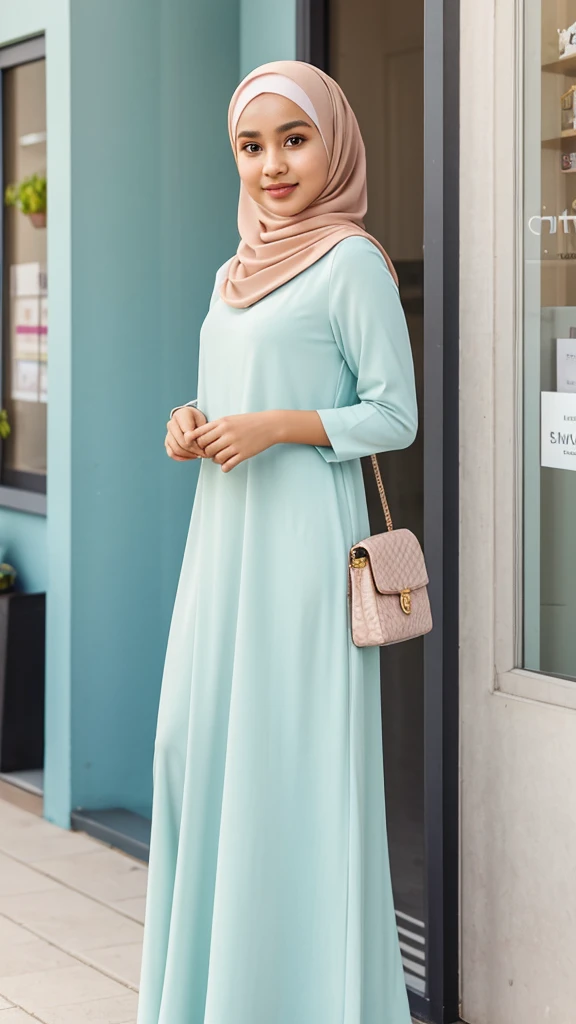 RAW, Best quality, high resolution, (masterpiece: 1.3), half body image, cute Indonesian girl in hijab, Masterpiece, busty girl body, young woman face, cute girl face, bright skin, fair skin, cute eyes, soft smile, light make up, muslim girl in hijab standing in front of a store, feminine gesture, serene expression, body facing viewer, looking to viewer, wearing full hijab, perfect hijab, wearing maxi dress, perfect dress, wearing purse, beautiful in cute pastel shades, beautiful in pastel shades, purse on left shoulder, at noon, Great lighting, great sunlight, Bright colors, Ultra realistic clean lines, very realistic