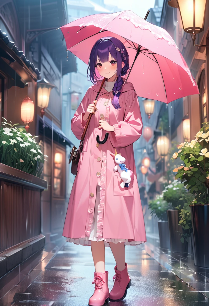 Highest quality、High resolution、Detailed Background、Beautiful face in every detail、Teenage beauty、Cute hair colour、Braided Ponytail、Braided bob cut、Cute hairstyle、well-groomed eyebrows、Cute gestures、
A girl happily waiting for someone even in the rain、
A small back holding an umbrella、I'm lonely by myself but I'm waiting、Until someone comes、
Wet ground beneath my feet、Above is the sound of rain from the sky、But I'm waiting、Without hesitation、
だって約束したhour間、もうすぐ来るはずだからI'll be waiting、I want to be no longer alone、
Dripping rain、hour々Blowing in the Wind、But I won't leave you、I'll be waiting、
Until someone comes、It's lonely being alone、When that person comes, I can smile、
Pink or pastel colored raincoats for a feminine look、The frills and ribbons are the highlights.、
Choose rain boots in the same color as your raincoat、The heart and star shaped decorations are cute.、
Bring a cute umbrella with a unicorn or character design、Mitten-style gloves that allow you to expose your fingertips are convenient for playing freely.、
Stylish decorations with ribbons and frills、A warm knit hat with pom-poms and frills for an accent、
The colorful design creates a lovely atmosphere.