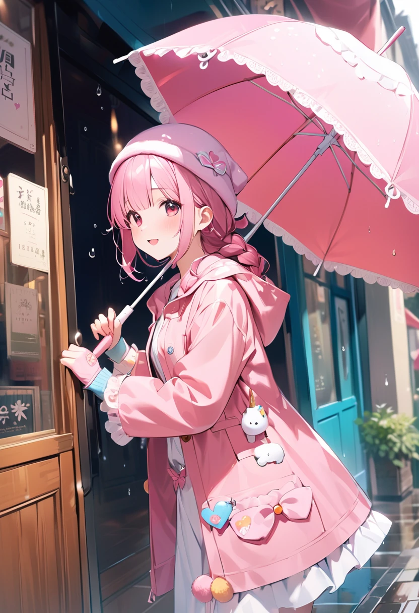 Highest quality、High resolution、Detailed Background、Beautiful face in every detail、Teenage beauty、Cute hair colour、Braided Ponytail、Braided bob cut、Cute hairstyle、well-groomed eyebrows、Cute gestures、

A girl happily waiting for someone even in the rain、
A small back holding an umbrella、I&#39;m lonely by myself but I&#39;m waiting、Until someone comes、
Wet ground beneath my feet、Above is the sound of rain from the sky、But I&#39;m waiting、Without hesitation、
だって約束したhour間、もうすぐ来るはずだからI&#39;ll be waiting、I want to be no longer alone、
Dripping rain、hour々Blowing in the Wind、But I won&#39;t leave you、I&#39;ll be waiting、
Until someone comes、It&#39;s lonely being alone、When that person comes, I can smile、

Pink or pastel colored raincoats for a feminine look、The frills and ribbons are the highlights.、
Choose rain boots in the same color as your raincoat、The heart and star shaped decorations are cute.、
Bring a cute umbrella with a unicorn or character design、Mitten-style gloves that allow you to expose your fingertips are convenient for playing freely.、
Stylish decorations with ribbons and frills、A warm knit hat with pom-poms and frills for an accent、
The colorful design creates a lovely atmosphere.