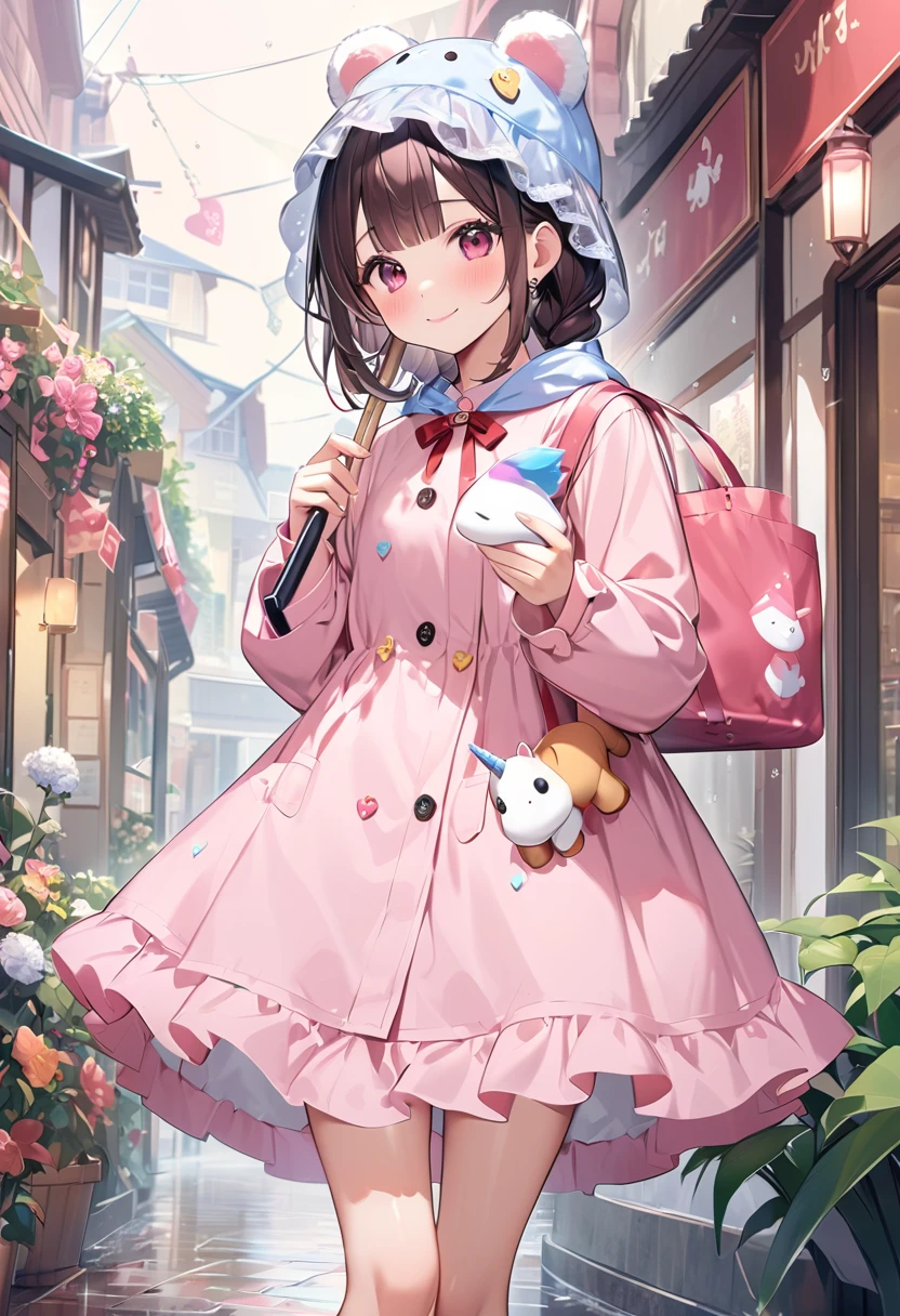 Highest quality、High resolution、Detailed Background、Beautiful face in every detail、Teenage beauty、Cute hair colour、Braided Ponytail、Braided bob cut、Cute hairstyle、well-groomed eyebrows、Cute gestures、

A girl happily waiting for someone even in the rain、
A small back holding an umbrella、I&#39;m lonely by myself but I&#39;m waiting、Until someone comes、
Wet ground beneath my feet、Above is the sound of rain from the sky、But I&#39;m waiting、Without hesitation、
だって約束したhour間、もうすぐ来るはずだからI&#39;ll be waiting、I want to be no longer alone、
Dripping rain、hour々Blowing in the Wind、But I won&#39;t leave you、I&#39;ll be waiting、
Until someone comes、It&#39;s lonely being alone、When that person comes, I can smile、

Pink or pastel colored raincoats for a feminine look、The frills and ribbons are the highlights.、
Choose rain boots in the same color as your raincoat、The heart and star shaped decorations are cute.、
Bring a cute umbrella with a unicorn or character design、Mitten-style gloves that allow you to expose your fingertips are convenient for playing freely.、
Stylish decorations with ribbons and frills、A warm knit hat with pom-poms and frills for an accent、
The colorful design creates a lovely atmosphere.