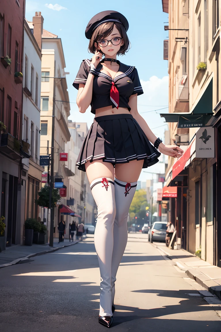 Best quality, Masterpiece, white thighboots, pleated skirt, sailor uniform, beret, glasses, short hair, medium breasts, cleavage, full body, city, high heels boots, navel