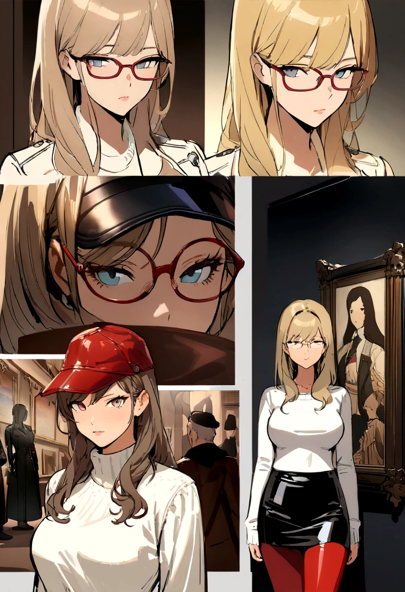 masterpiece, Concept Art, Centered, Close-up shot, Portraiture, Are standing, One girl, melania, Reverse 1999, Glasses, Long blonde hair, leather jacket, white sweater with zipper, Black Skirt, Red leggings, Flat Cap, Background of the museum