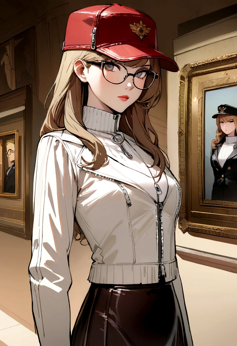 masterpiece, Concept Art, Centered, Close-up shot, Portraiture, Are standing, One girl, melania, Reverse 1999, Glasses, Long blonde hair, leather jacket, white sweater with zipper, Black Skirt, Red leggings, Flat Cap, Background of the museum