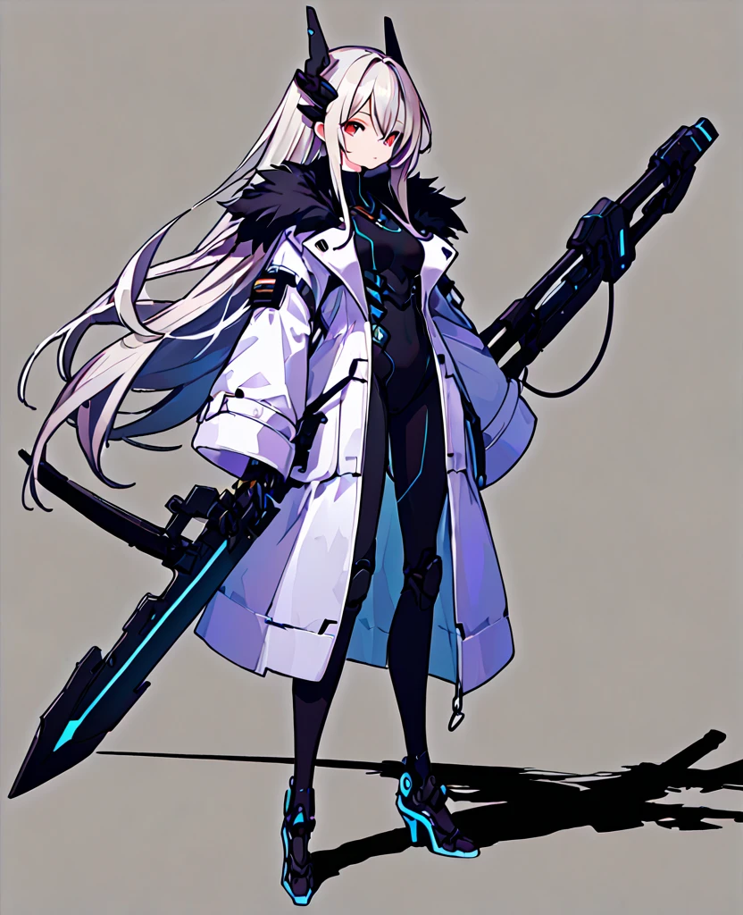 engineering drawing, thin line pen drawing, dark, futuristic silhouette of white dragon cyborg girl, full body, long flowing coat, holding giant greatsword with mechanical gimmick blade, standing on reflective surface against minimalist light grey background
