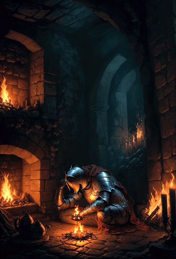 a knight resting in bonfire, high quality, masterpiece,, amazing lighting, illustration, cinematic light:1.1, perfect shading