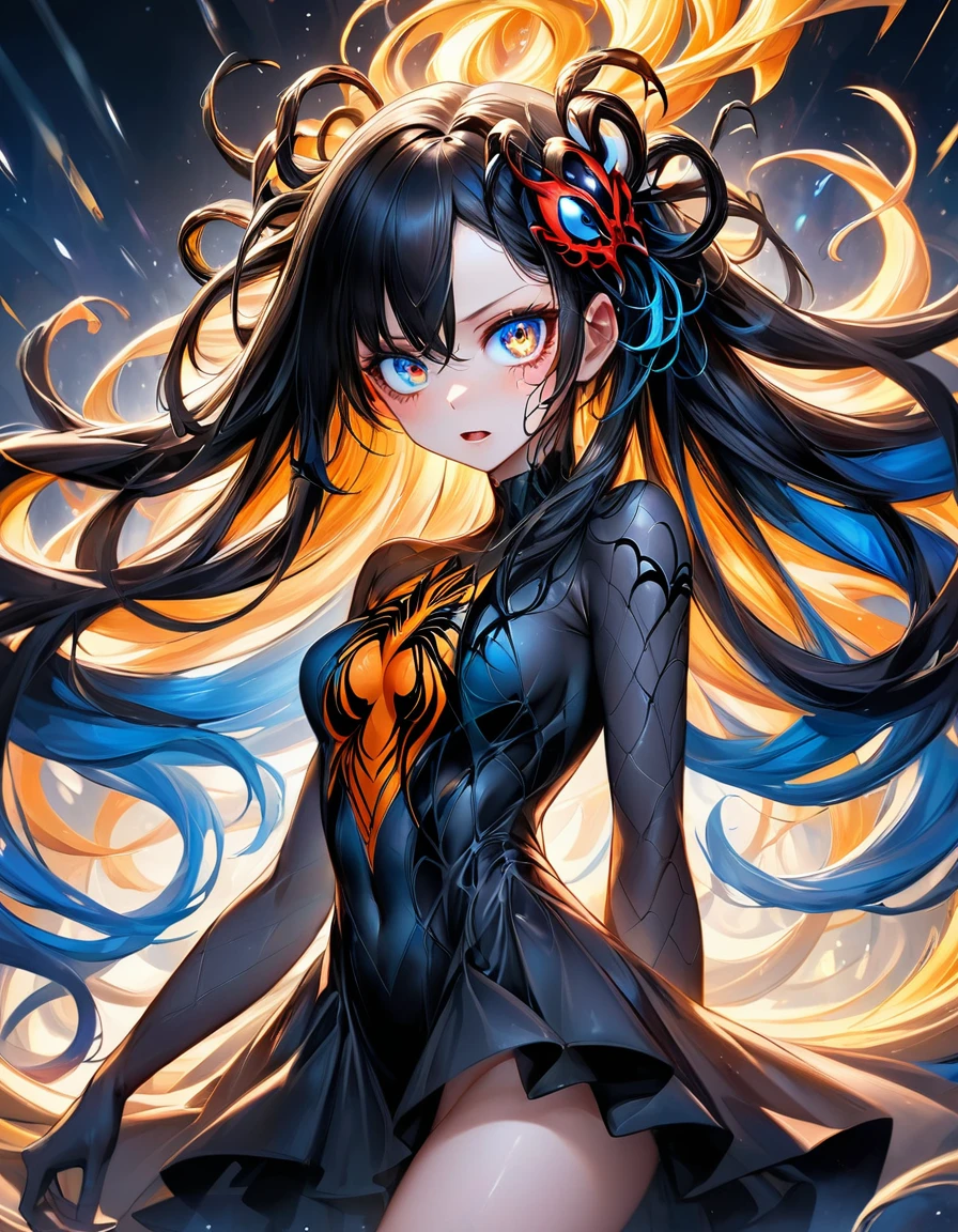 atmosfera orange diamond terror dark furious evil Venom In a mesmerizing cascade of color and light, an enchanting anime Venom spider girl candroites viewers with her ethereal beauty. Her delicate features are framed by cascading locks of shimmering long golden black hair, her wide, expressive eyes big BLUE red radiating with emotion. A digital painting brings this stunning character to life, depicting her in intricate detail with a seamless blend of realism and fantasy. Every brushstroke and pixel showcases the artist's skill and dedication, making this image a