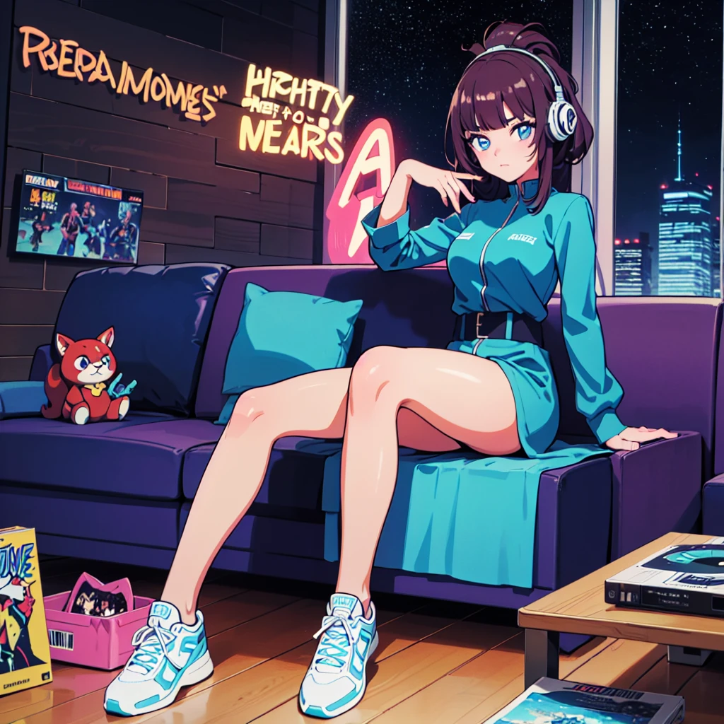 (masterpiece), Highest quality, Expressive eyes, Neon pastel aesthetics, Retro 90s, Neon color,((Girl sitting on sofa,In a cozy room,Records hanging on her wall, Comic books on the floor, Looking out the window behind her at the night city, Upholstered room, Anime figures lined up on a shelf)), Wearing headphones, (All around her it sparkles), (wearing thick colorful sneakers), (blue eyes), (Soft look), (Synthwave Art Style), Colorful Hair, Desk with PC set up