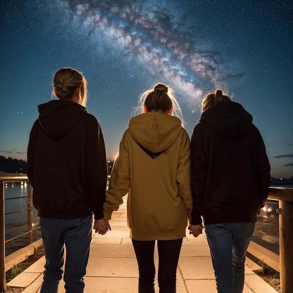Couple, Back view, Night view, initial, Girl R, Blonde,Medium, Moderate, ager R, Brown Hair,Man Bun, Good guy, figure, Lovers holding hands, Starry Sky ,Matching hoodie