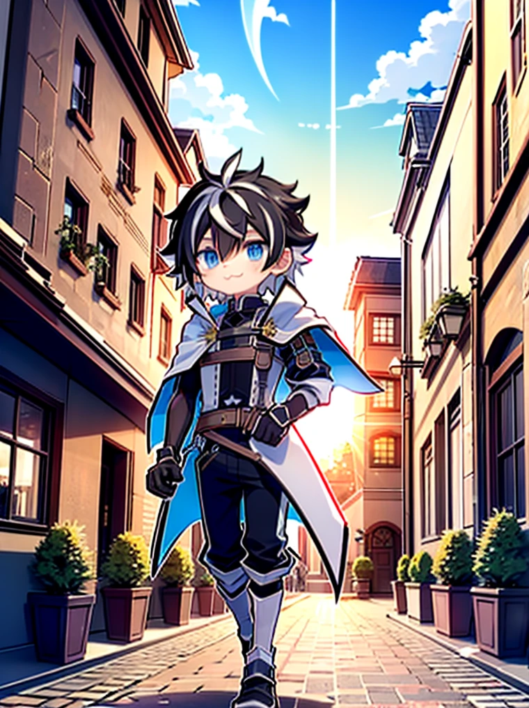 ((absurdres)), hd, uhd, (((HDR))), ((best quality)), (ultra high quality), (hi-res), ((1boy)), solo, charlemagne, black hair, blue eyes, multicolored hair, two-tone hair, happy expression, :3, (walking, running), medieval city, outside, medieval buildings, cobblestone sidewalk, daytime, additional lighting, sunlight on face, noon, bright sun, medieval city scenery, birds,