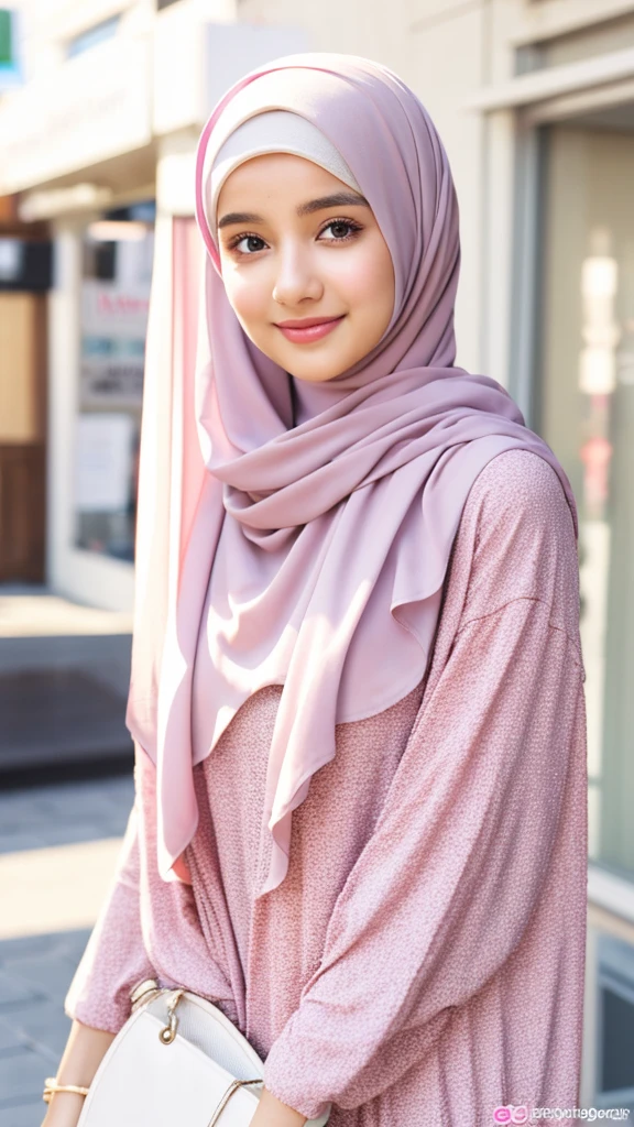 RAW, Best quality, high resolution, (masterpiece: 1.3), half body image, cute Indonesian girl in hijab, Masterpiece, busty girl body, young woman face, cute girl face, bright skin, fair skin, cute eyes, soft smile, light make up, muslim girl in hijab standing in front of a store, feminine gesture, serene expression, body facing viewer, looking to viewer, wearing full hijab, perfect hijab, wearing maxi dress, perfect dress, wearing purse, beautiful in cute pastel shades, beautiful in pastel shades, purse on left shoulder, at noon, Great lighting, great sunlight, Bright colors, Ultra realistic clean lines, very realistic