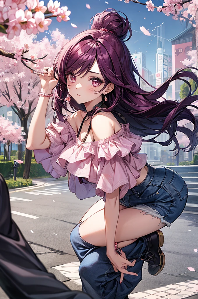 1girl, holding up a sapphire flower over her mouth, black pink hair ombre, park with cherry blossom background, harajuku style fashion, off shoulder, short jeans pants, halfbody, hair flow