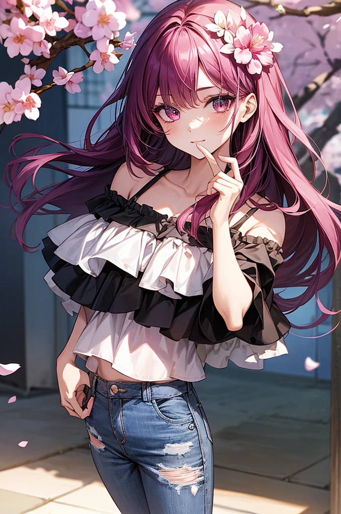 1girl, holding up a sapphire flower over her mouth, black pink hair ombre, park with cherry blossom background, harajuku style fashion, off shoulder, short jeans pants, halfbody, hair flow
