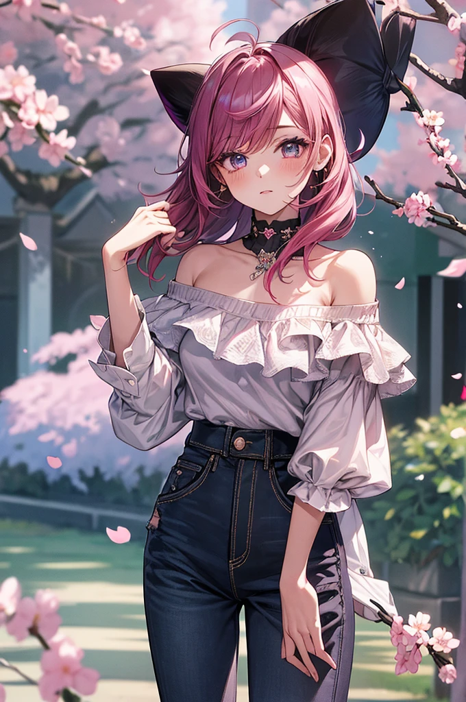 1girl, holding up a sapphire flower over her mouth, black pink hair ombre, park with cherry blossom background, harajuku style fashion,  off shoulder, short jeans pants, halfbody, hair flow