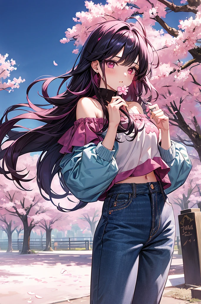 1girl, holding up a sapphire flower over her mouth, black pink hair ombre, park with cherry blossom background, harajuku style fashion,  off shoulder, short jeans pants, halfbody, hair flow