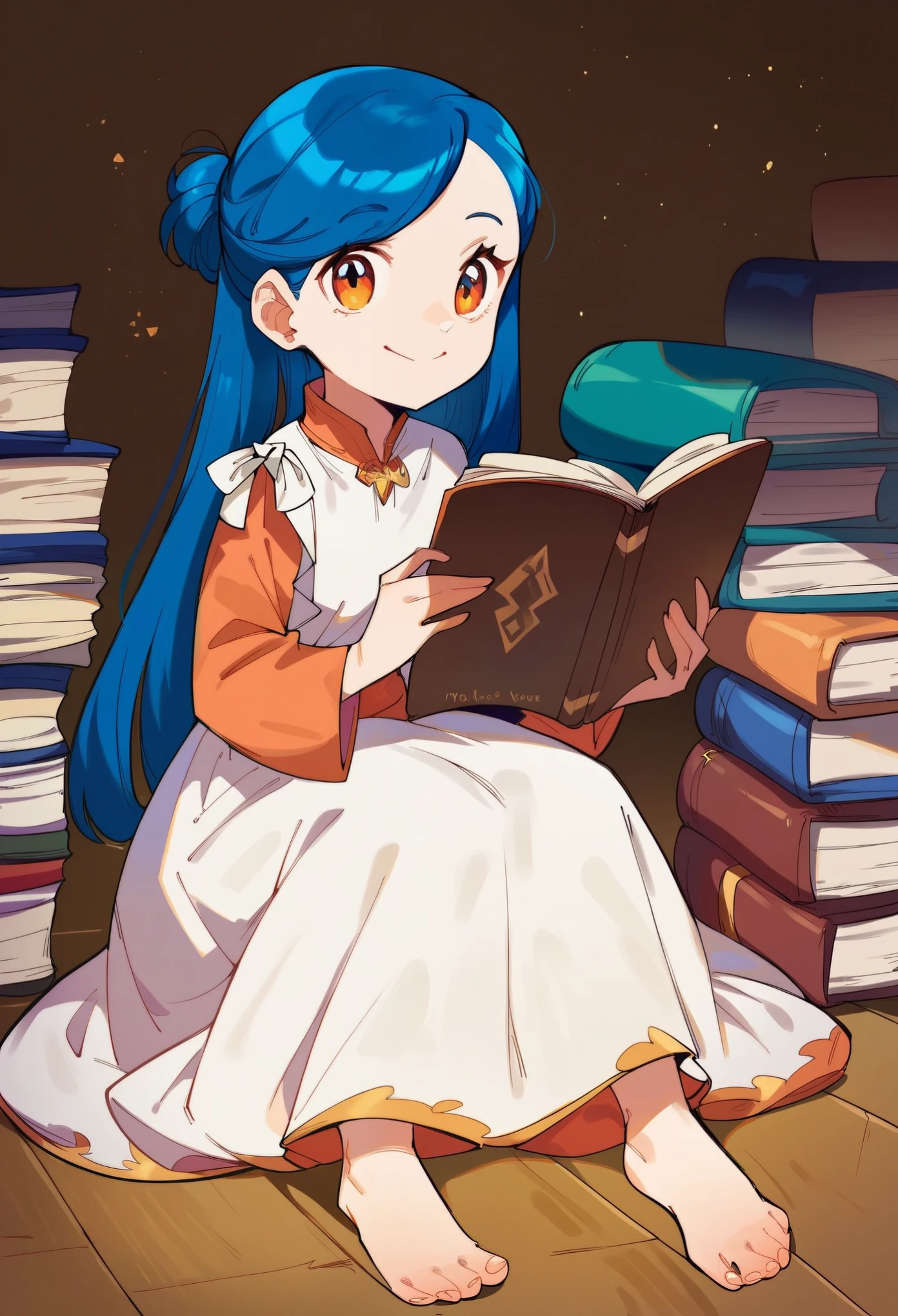 score_9, score_8_up, score_7_up, score_6_up, score_5_up, score_4_up, rating_safe, myne, blue hair, sitting on the floor, dress, barefoot, reading a book, surrounded by books, looking on viewer, smiling