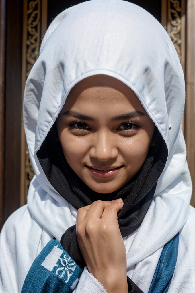 Image of a white Indonesian face wearing a black hijab and a plain blue robe, His hands were crossed over his chest like a namaste, smiling looking straight at the camera. background of Eid al-Adha sheep and cow mosque ornaments