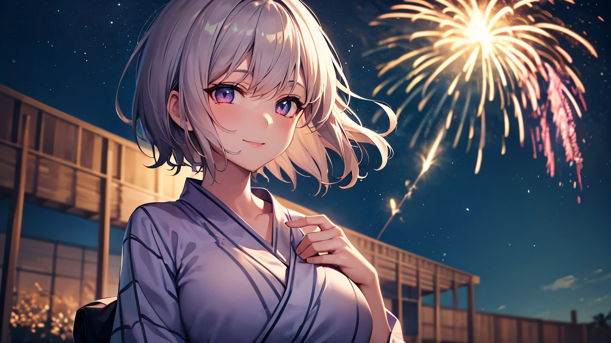 Highest quality, 8K, 4K, High resolution, (Beautifully detailed face), High Contrast, night , firework , The upper body is visible,1girl,only,short hair,Colorful and clear eyes,Upper Eye,smile,She has big breasts,20generation,yukata