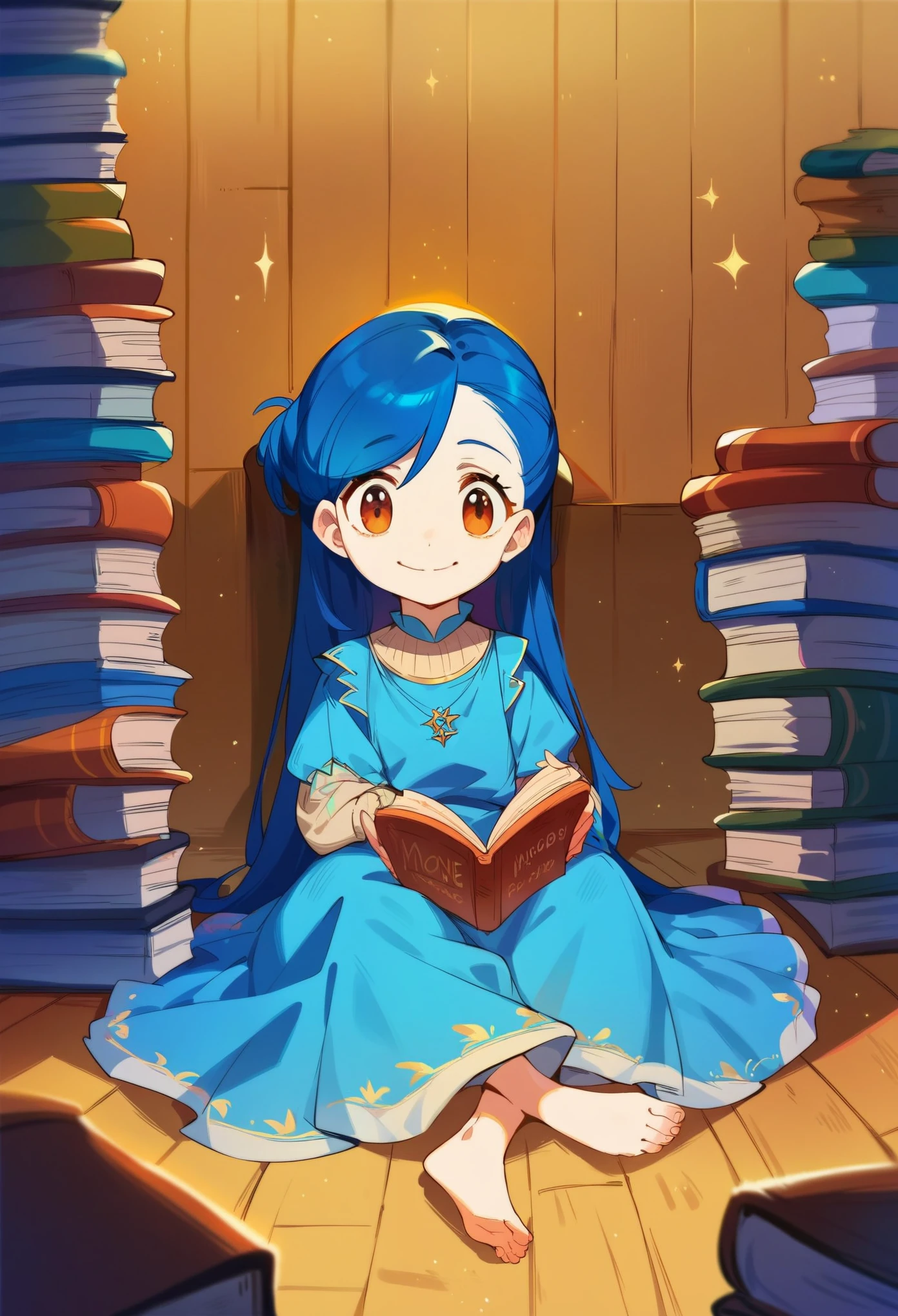 score_9, score_8_up, score_7_up, score_6_up, score_5_up, score_4_up, rating_safe, myne, blue hair, sitting on the floor, dress, barefoot, reading a book, surrounded by books, looking on viewer, smiling