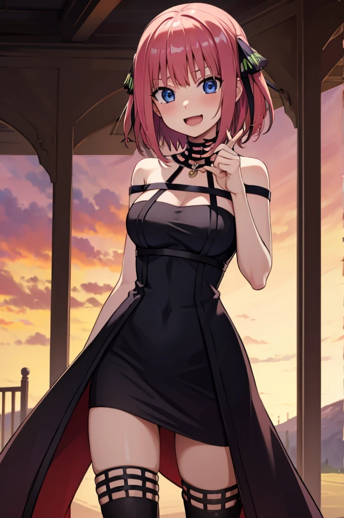 2d, masterpiece, best quality, anime, highly detailed, 1 girl, solo, cowboy shot, nakano nino, pink hair, short hair, butterfly hair ornament, blue eyes, large breasts, medium waist, medium hips, wide thighs, standing, Smile with open mouth, Solo、absurderes、Black Dress、black thighhighs、Fingerless gloves、cleavage of the breast、plein air smile, seductive, embarrassed, closed mouth, good lighting, sunset,