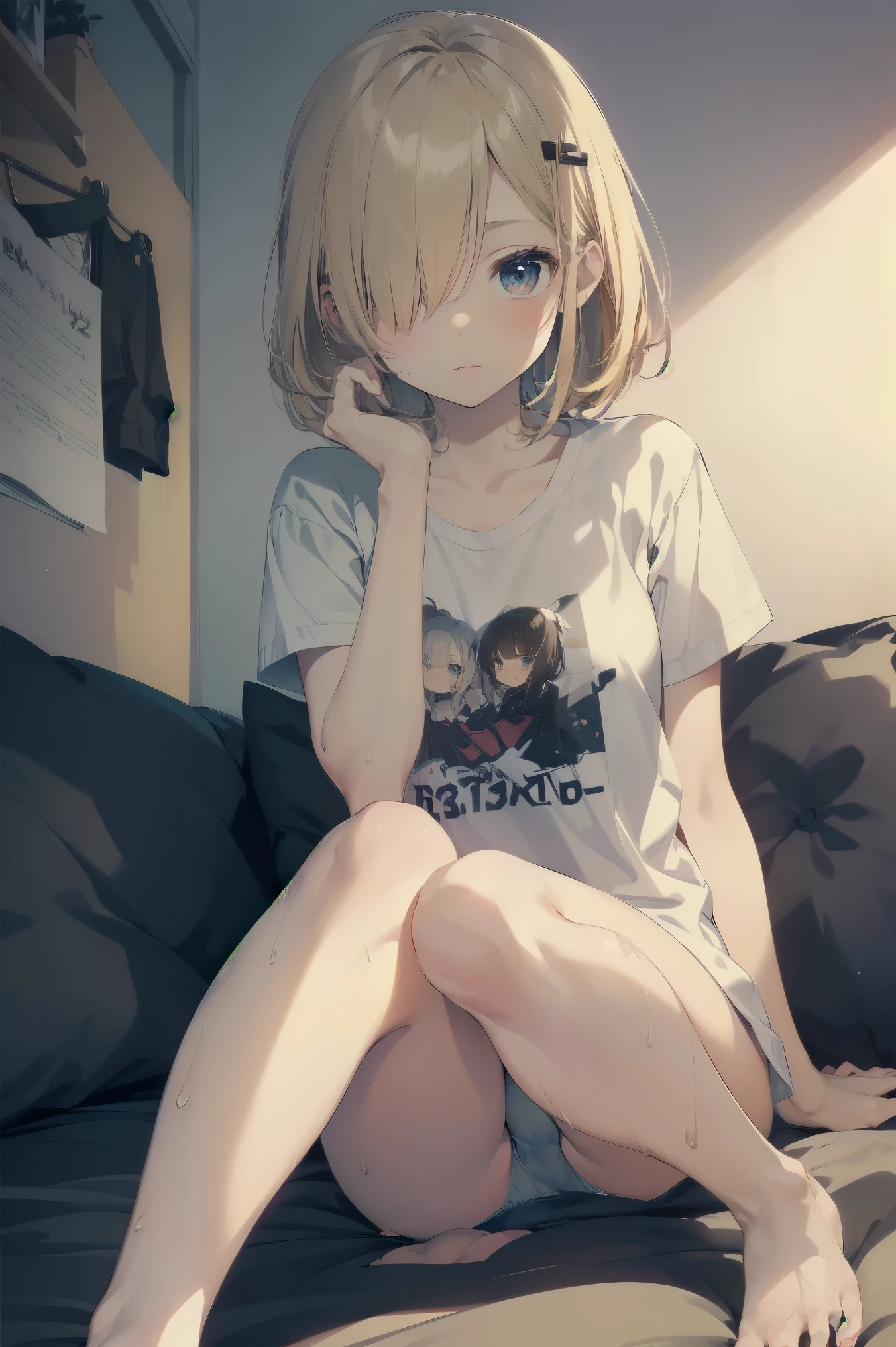 (at night)，Highest quality, anime，Moe，Art Style，8K Konachan Wallpaper，Perfect Anatomy,,One girl, (:1.3)，(high school studeir), blonde hair, (hair over one eye:1.6)，Complete limbs, Full Finger,Medium chest, (T-Shirt Bra:1.5)，(Seamless Panties)，(White panties)，bottomless，Sit on the bed，Small eyes，Detailed eyes，Blue Eyes，Hair Clip，(barefoot:1.9)，(wet hair:1.2), Super detailed,High resolution,Highly detailed skin，8K，(Cute illustrations:1.2), (indoor)，(Cute Girl&#39;s Room:1.9)、，Pink Room，