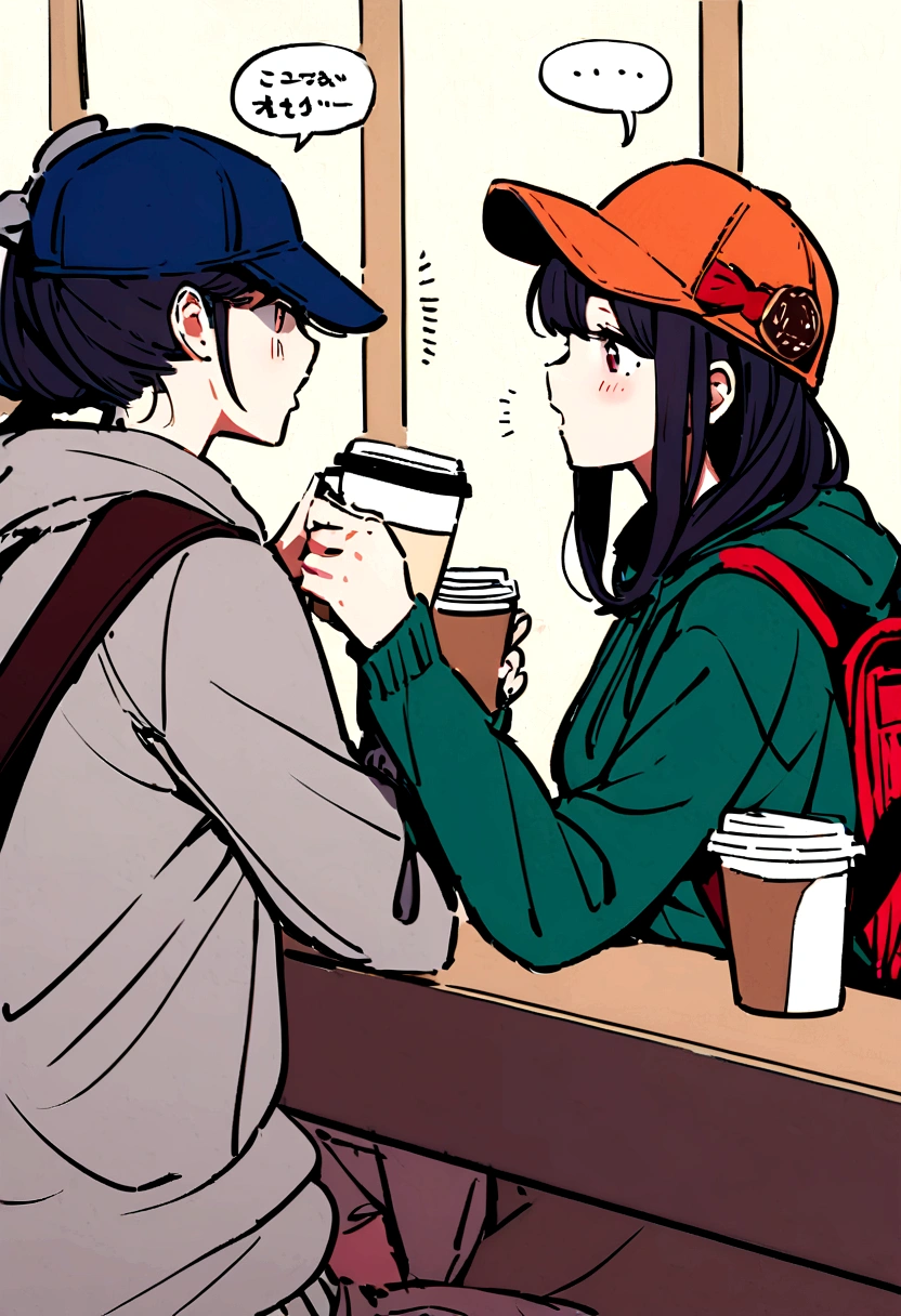 Girl in sweatshirt, Cap and backpack, Buy coffee in the cafeteria, Conversation bubbles