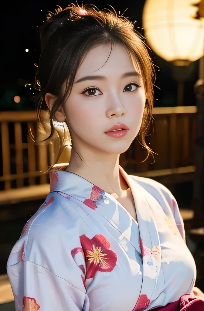 Random Pause、Highest quality、(Realistic:1.5)、1 Girl、whole body、、(Brown Hair:1.2)、(Beautiful breasts:1.2)、View your viewers、close、Highest quality,, Soft Light, Ultra-high resolution, (Realistic:1.4), RAW Photos,Fireworks in the background、night、1 Japanese girl, alone, cute, (pupil, light in your eyes), Beautiful face in every detail, (Small Box),(High resolution detail of human skin texture),hair bun、(Floral Yukata:1.2)