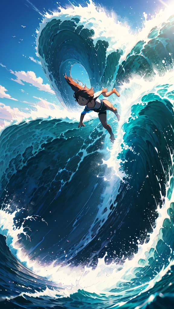 Young little riding huge wave, defiant look, dynamic pose, mystical, summer sky