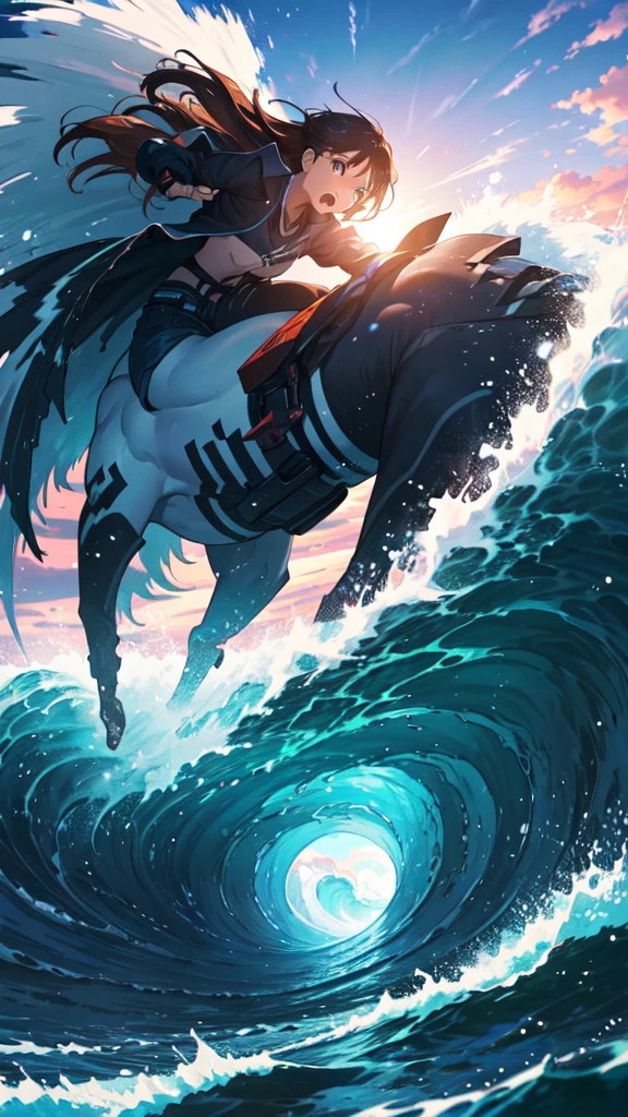 Young little  riding huge wave, defiant look, dynamic pose, mystical, summer sky