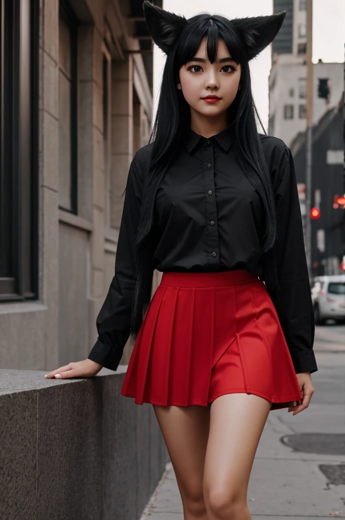 A girl with black hair with wolf ears and tail, dressed in a red skirt, and black shirt, with red eyes