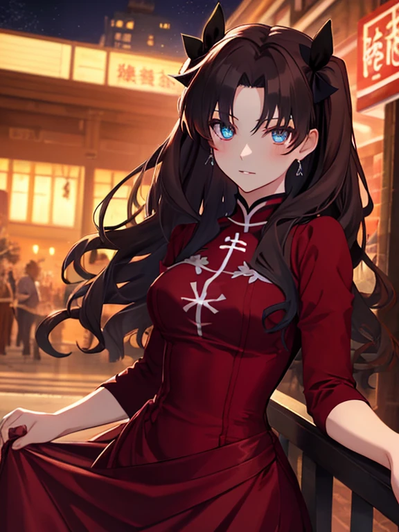 (Tohsaka Rin), Evening Dress, Night view, Beauty, Beautiful eyes, uhd, retina, masterpiece, ccurate, anatomically correct, textured skin, super detail, high details, high quality, best quality, highres, 4K